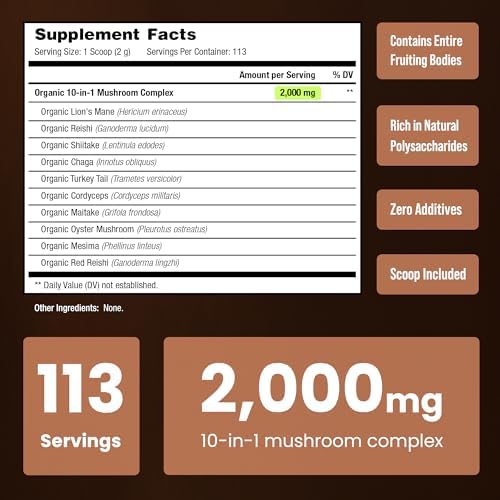 Organic Mushroom Powder - 10-in-1 Complex - Lions Mane, Reishi, Shiitake, Chaga, Turkey Tail, Cordyceps, Maitake & More - Mushroom Supplement Powder Blend for Memory, Focus & Immune Support - 8oz - Image 4
