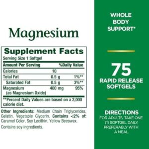 Nature’s Bounty Magnesium, Whole Body Support, Supports Heart, Nerve and Bone Health. 400 mg, 75 Softgels