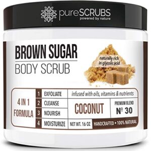pureSCRUBS Premium Coconut Brown Sugar Scrub | Face, Feet & Full Body Scrub | Large 16oz Jar Includes Wooden Spoon, Loofah & Mini Exfoliating Bar Soap