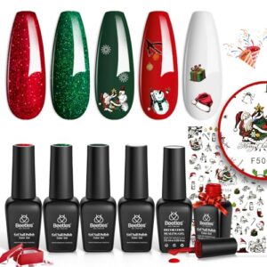 Beetles Christmas Gel Nail Polish, Sparkle Red Green Gel Polish Kit Soak Off UV LED Gel Nail Kit Manicure Gift with Nail Strengthener Gel and Stickers Nail Art Beetles Gift Spree