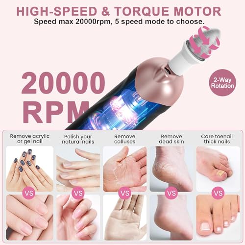 Professional Manicure Pedicure Kit, 9 in 1 Cordless Nail Drill with 100 pcs Nail Drill Bits Sanding Bands, Nail Grinder for Human, 5 Speeds Electric Nail Drill, Nail Dremel Kit for Home and Salon Use - Image 2