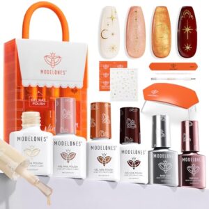 modelones Gel Nail Polish Kit with U V Light, White Burgundy Red Gold Nude Pink Manicure Set, 4 Colors Low-key Gel Mini Salon, Base&Top Coat and Stickers, DIY Home Nail Art Fall Winter Gift for Women