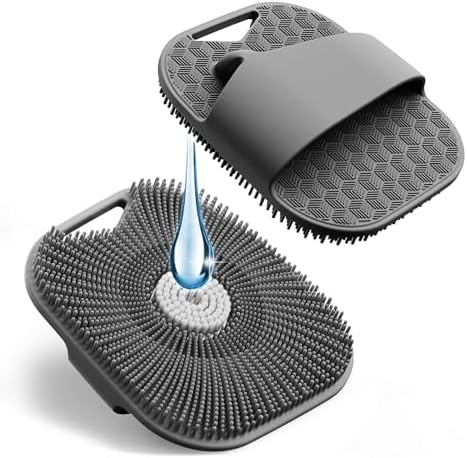 Silicone Body Scrubber for Men, Friendly Shower Body Scrubber for Sensitive Skin, Silicone Loofah Body Scrubber for Showering with Richer Foam Bristles and Anti-Slippery Handle, Gray