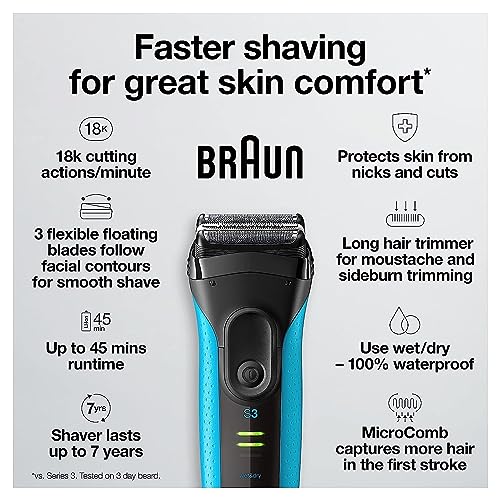 Braun Electric Series 3 Razor with Precision Trimmer, Rechargeable, Wet & Dry Foil Shaver for Men, Blue/Black, 4 Piece - Image 3