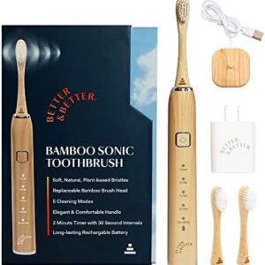 Better & Better Sonic Bamboo Electric Toothbrush for Adults | Rechargeable Electric Bamboo Toothbrush w/Plant-Based Bristles | Soft Bamboo Brush Heads incl. | 5 Cleaning Modes & Long-Lasting Battery