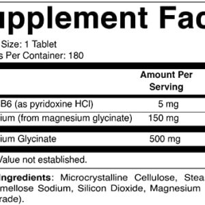 Vitamatic Magnesium Glycinate 500mg per Tablet – 180 Vegetarian Tablets (Uncoated) – Added B6 for Maximum Absorption – Supports Muscle, Joint, and Heart Health