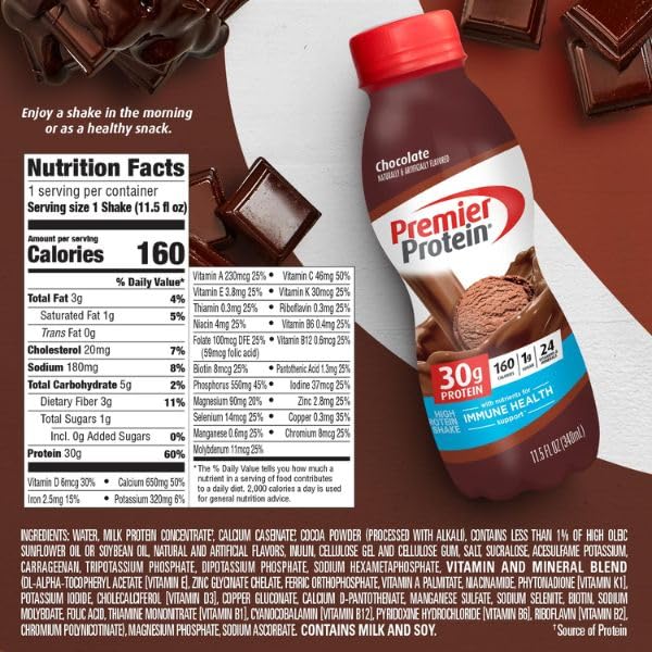 Premier Protein Shake, Chocolate, 30g Protein 1g Sugar 24 Vitamins Minerals Nutrients to Support Immune Health, 11.5 fl oz (Pack of 12) - Image 5