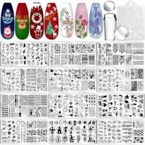 Biutee Nail Art Stamping Plate Set Nail Stamping Kit with Silicone Nail Stamper Flower Leaves Animal Lace Star Holiday Design Nail Stamp Plate Christmas Nail Stamp Template