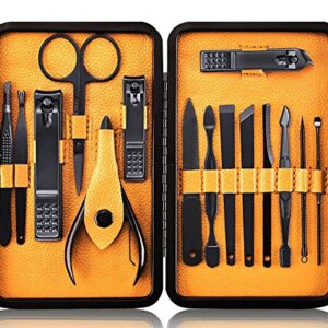 Professional Stainless Steel Nail Clipper Travel & Grooming Kit Nail Tools Manicure & Pedicure Set of 15pcs with Luxurious Case (Black/Yellow)