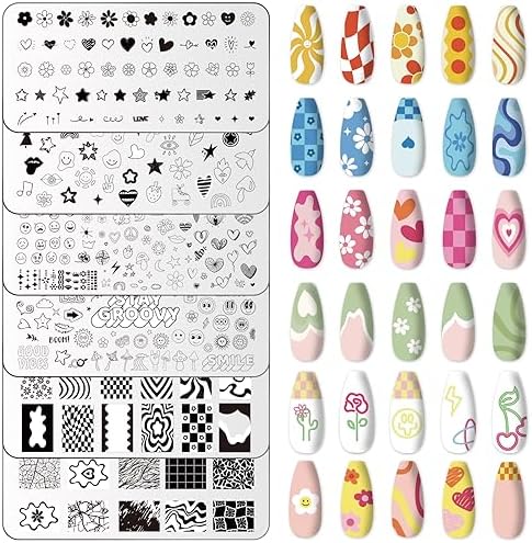 Whaline 6Pcs Preppy Nail Plates Stamping Set Heart Flower Butterfly Star Smiling Stamp Templates Groovy Nail Art Plates for DIY Print Manicure Salon Design Gift