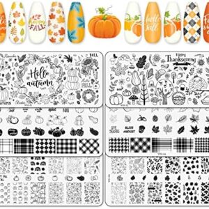 Whaline 6Pcs Fall Thanksgiving Theme Nail Art Stamping Plate Kit Various Pattern Pumpkin Maple Autumn Blessing Collection Nail Art Plate for Thanksgiving Day Nail Art Design DIY Print Manicure Salon