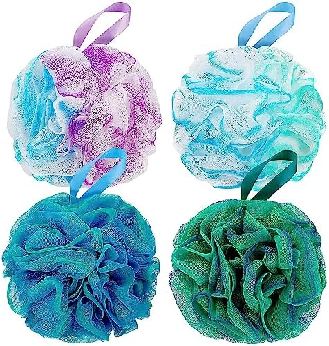 Bath Shower Loofah Sponge 60g Bath Mesh Pouf Shower Ball Body Scrubber Exfoliating Bath Sponge for Women and Men, Set of 4, Flower