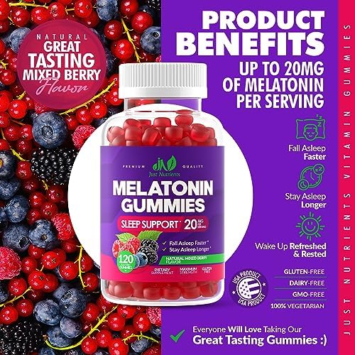 Melatonin 20mg Gummies for Adults (120 Count) - Maximum Strength Sleep Gummies with 10mg of Melatonin Per Gummy - Gluten-Free, Non-GMO, Vegetarian, Great Tasting Mixed Berry Flavor - 60 Servings - Image 3