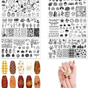 ALIBBON 6 Pcs Fall Nail Stamping Plates Set, Leaves Background Nail Art Stamp Templates, Autumn Tree Stamp Templates Kit, Happy Thanksgiving Day Metal Nail Plates for DIY Printing Decor 4.7×2.4"
