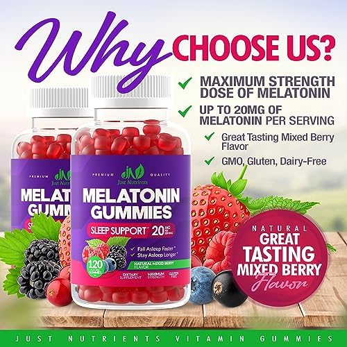 Melatonin 20mg Gummies for Adults (120 Count) - Maximum Strength Sleep Gummies with 10mg of Melatonin Per Gummy - Gluten-Free, Non-GMO, Vegetarian, Great Tasting Mixed Berry Flavor - 60 Servings - Image 2