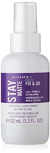Rimmel London Stay Matte Fix & Go – 001 Transparent – 2-in-1 Primer & Setting Spray, Oil-Free, Locks Makeup into Place, Soothes Skin, 3.3 oz