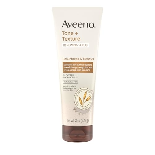 Aveeno Fragrance-Free Body Scrub for Smoother, More Even Skin Tone – Prebiotic Oat Formula for Sensitive Skin, Exfoliating and Renewing, 8 oz
