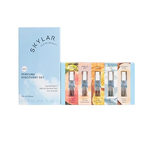 Skylar Perfume Discovery spray Sampler Set – Peach Fields, Vanilla Sky, Lime Sands, Salt Air, Coconut Cove – Hypoallergenic & Clean Perfume for Women & Men – 5 1.5mL