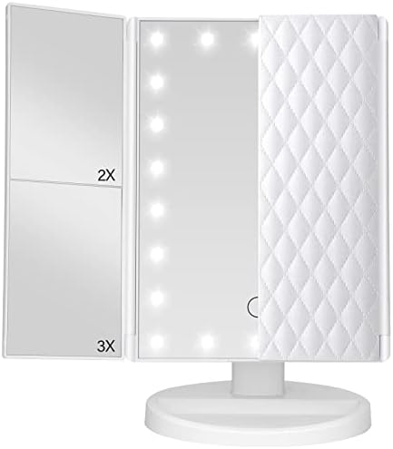 Trifold Vanity Mirror with Lights，Tabletop Mount Makeup Mirror with Lights and 1x/2x/3x Magnification 21LED Mirror Touch Screen Two Power Supply Modes Make Up Mirror