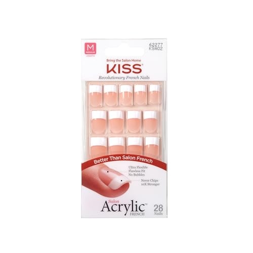 KISS Salon Acrylic Press On Nails, Nail glue included, ‘Sugar Rush’, French, Medium Size, Square Shape, Includes 28 Nails, 2g Glue, 1 Manicure Stick, 1 Mini File