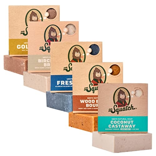 Dr. Squatch All Natural Bar Soap for Men, 5 Bar Variety Pack – NEW Coconut Castaway, Wood Barrel Bourbon, Fresh Falls, Birchwood Breeze, Gold Moss