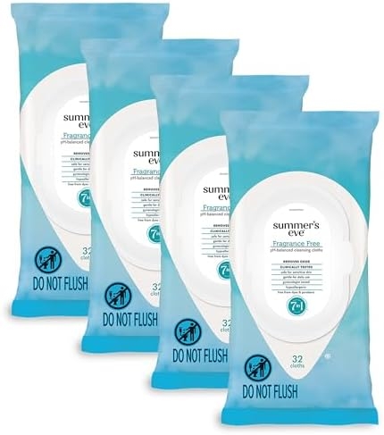 Summer’s Eve Fragrance Free Gentle Daily Feminine Wipes, Removes Odor, pH balanced, 32 Count, 4 Pack