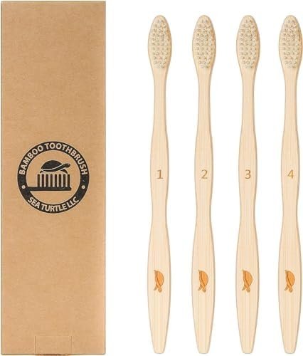 Sea Turtle Plant-Based Bristles, Bamboo Toothbrushes, Soft Natural Toothbrush for Adults (4 Pack)