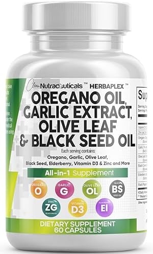 Clean Nutraceuticals Oregano Oil 6000mg Garlic Extract 4000mg Olive Leaf 3000mg Black Seed Oil 3000mg – Immune Support & Digestive Health Supplement for Women and Men with Vitamin D3 & Zinc – 60 Caps