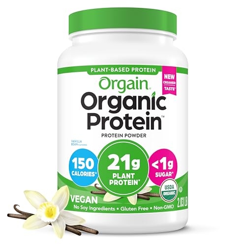 Orgain Organic Vegan Protein Powder, Vanilla Bean – 21g Plant Protein, 6g Prebiotic Fiber, No Lactose Ingredients, No Added Sugar, Non-GMO, For Shakes & Smoothies, 2.03 lb (Packaging May Vary)