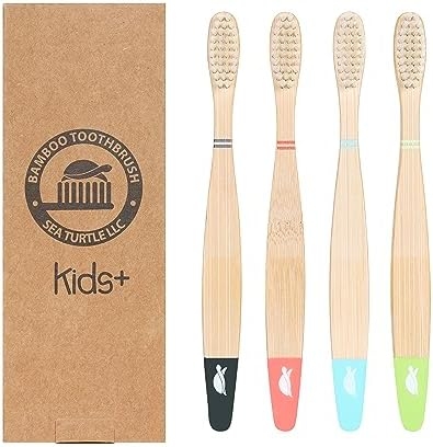 Sea Turtle Plant-Based Bristles, Bamboo Toothbrushes, Soft Natural Toothbrush for Kids (4 Pack)