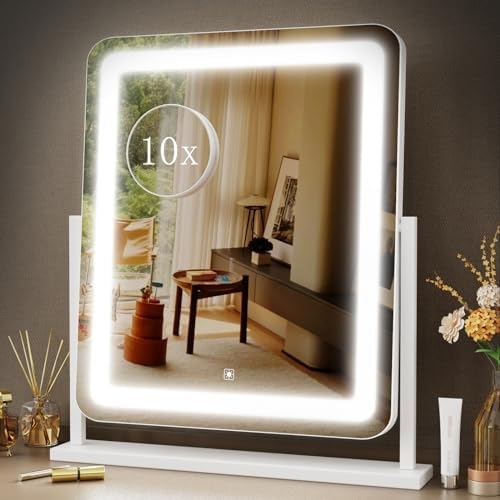 Makeup Vanity Mirror with Lights 15.2″ Large LED Lighted Mirror, Hollywood Make Up Mirror with Lighting for Bedroom Tabletop, Smart Touch,Detachable 10X Magnification 360° Rotation, (White)