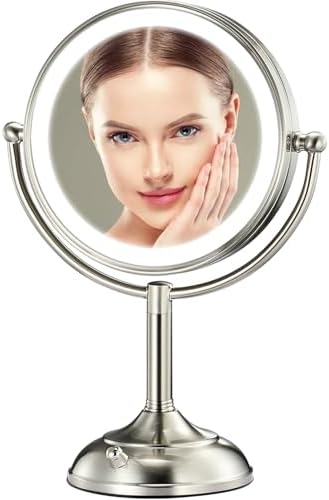 Professional 8.5″ Large Lighted Makeup Mirror with Brighter Lights, 1X/10X True HD Magnifying Mirror with 3 Color Dimmable Lights, 80 Shadowless LEDs, 360°Swivel Seamless Vanity Mirror, Pearl Nickel