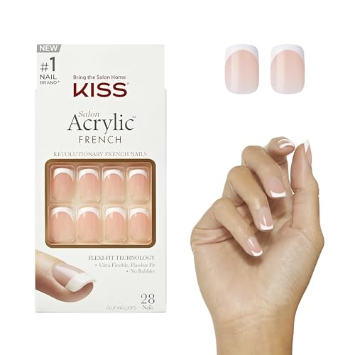 KISS Salon Acrylic Press On Nails, Nail glue included, ‘Bonjour’, Nude/White, Short Size, Squoval Shape, Includes 28 Nails, 2g Glue, 1 Manicure Stick, 1 Mini File