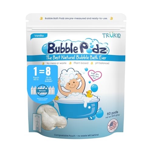 TruKid Bubble Podz Bubble Bath for Baby & Kids, Gentle Refreshing Bath Bomb for Sensitive Skin, pH Balance 7 for Eye Sensitivity, Natural Moisturizers and Ingredients, Vanilla (60 Podz)