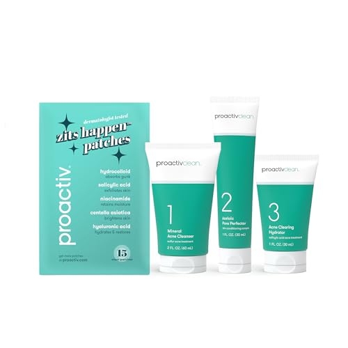 Proactiv Clean 3 Step Acne Treatment Routine- Sulfur Acne Treatment Cleanser, Azelaic Acid Serum, and Facial Moisturizer for Acne Prone Skin- 30 Day Acne Skin Care Kit w/Zits Happen® Pimple Patches