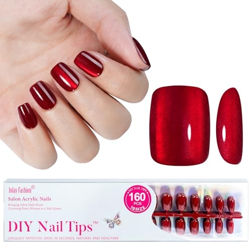 Cat Eye Press on Nails Red – Christmas Press on Nails Short Square Glue On Nails False Nails, Stick On Nails in 32 Sizes -160PCS Soft Gel Fake Nails Kit