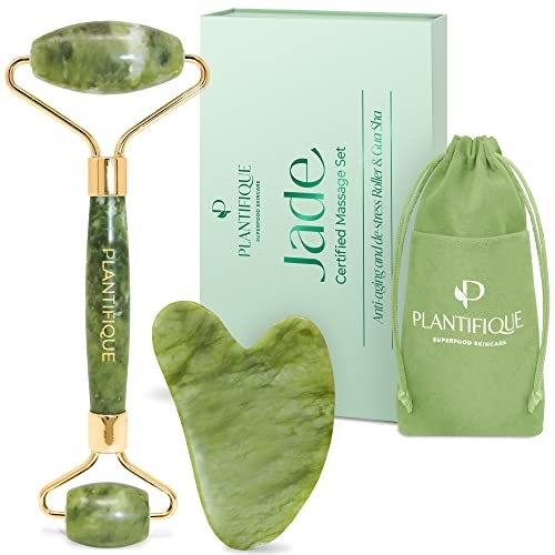 PLANTIFIQUE Jade Roller for Face and Gua Sha Facial Tools – Includes Real Jade Roller and Gua Sha Set – Certified Face Roller and GuaSha for Your Skin Care Routine