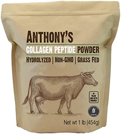 Anthony’s Collagen Peptide Powder, 1 lb, Pure Hydrolyzed, Gluten Free, Keto and Paleo Friendly, Grass Fed, Unflavored, Non GMO