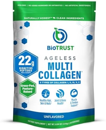 BioTrust Ageless Multi Collagen Peptides Powder – 5 Types (I, II, III, V, X) – Unflavored Collagen Powder for Women & Men – Hydrolyzed Protein – Grass Fed Beef, Fish, Chicken, Eggshell Membrane