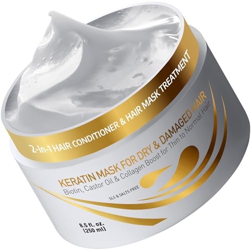 Vitamins Keratin Hair Mask Deep Conditioner – Biotin Collagen Protein & Castor Oil Repair for Dry Damaged or Color Treated Hair – Conditioning Treatment for Curly or Straight Thin Fine Hair