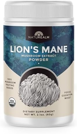 Naturealm – Lion’s Mane Mushroom Powder – Filler-Free – Organic – 100 Percent Fruiting Bodies, 60-Day Supply