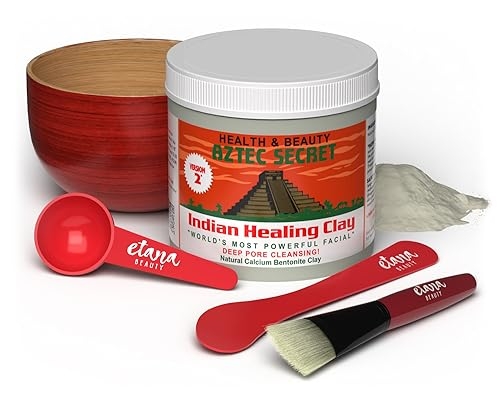 Aztec Secret Essential Indian Clay Mask Kit by Etana – 100% Natural Calcium Bentonite for Deep Pore Cleansing – Facial, Hair & Body Detox Set With Accessories