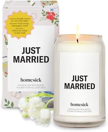 Homesick Scented Candles for Home (Just Married) – 13.75 oz Long-Lasting Soy Wax Blend Jar Candle Gifts for Weddings, 60-80 Hours Burn Time – Notes of Neroli Blossom, Amber & Creamy Musk