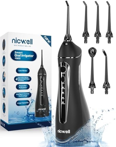 Nicwell Water Dental Flosser Teeth Pick – Cordless Portable 4 Modes Rechargeable Flossers Oral Irrigator IPX7 Waterproof Travel Gum Floss Cleaner Deep Cleaning Flossing Picks for Home Daily Shower