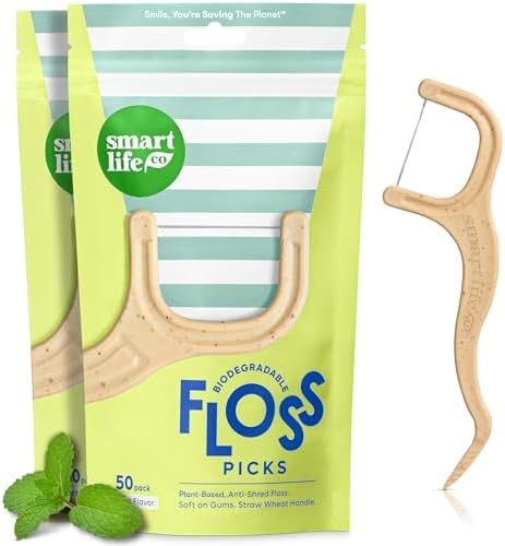 SMARTLIFECO Biodegradable Dental Floss Picks – Plant Based Handle, Thin Thread Tooth Flossers for Adults & Kids, Eco Friendly Toothpick Soft on Gum & Teeth, Compostable Zero Waste Vegan, 100 Mint