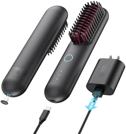 TYMO Porta Cordless Hair Straightener Brush, Portable Mini Straightening Brush for Travel, Negative Ion Hot Comb Hair Straightener for Women, Lightweight to Carry Out, USB Rechargeable, Black