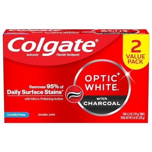 Colgate Optic White Charcoal Whitening Toothpaste, Cool Mint, Enamel-Safe with Fluoride, 2 Pack 4.2oz Tubes