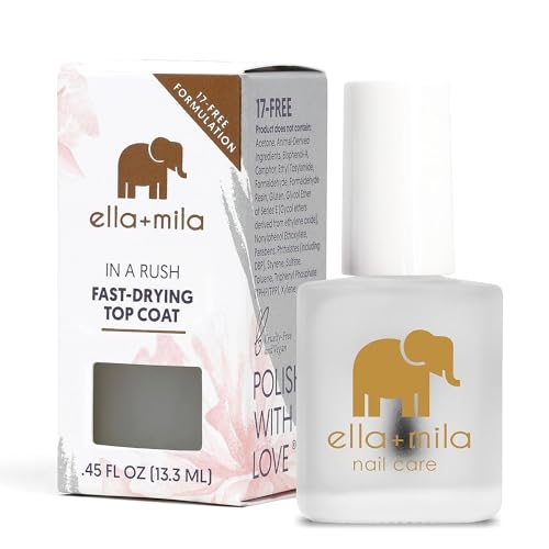 ella+mila “In a Rush Fast Dry Top Coat Nail Polish with High Glossy Shine. This clear nail polish features a UV inhibitor to resist yellowing and comes in a 0.45 fl oz bottle