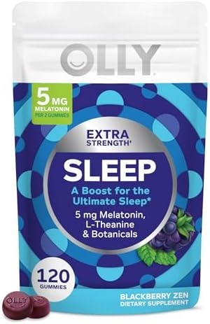 OLLY Extra Strength Sleep Gummy, Occasional Sleep Support, 5 mg Melatonin, L-Theanine, Chamomile, Lemon Balm Extracts, Sleep Aid, BlackBerry Flavor – 120 Count (Packaging May Vary)