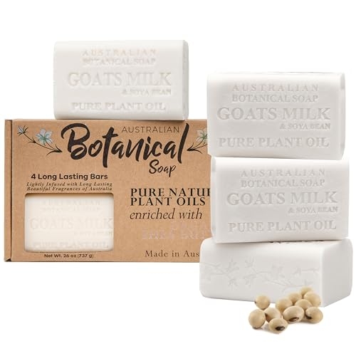 Australian Botanical Soap 6.5 oz, Pack of 4 Goat Milk Soap Bars with Soya Bean Oil, Organic Shea Butter, Natural Soap Base for All Skin Types
